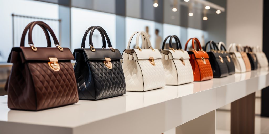 Elegant handbags display in a row, showcasing fine leatherwork i